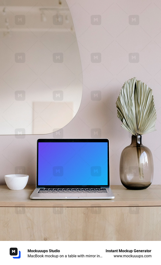 MacBook mockup on a table with mirror in the background 