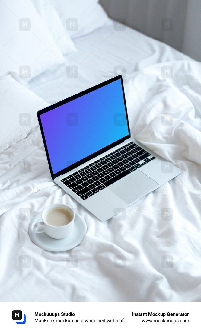 MacBook mockup on a white bed with coffee on a saucer