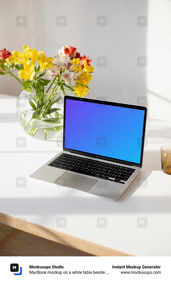 MacBook mockup on a white table beside a bowl-shaped flower vase close