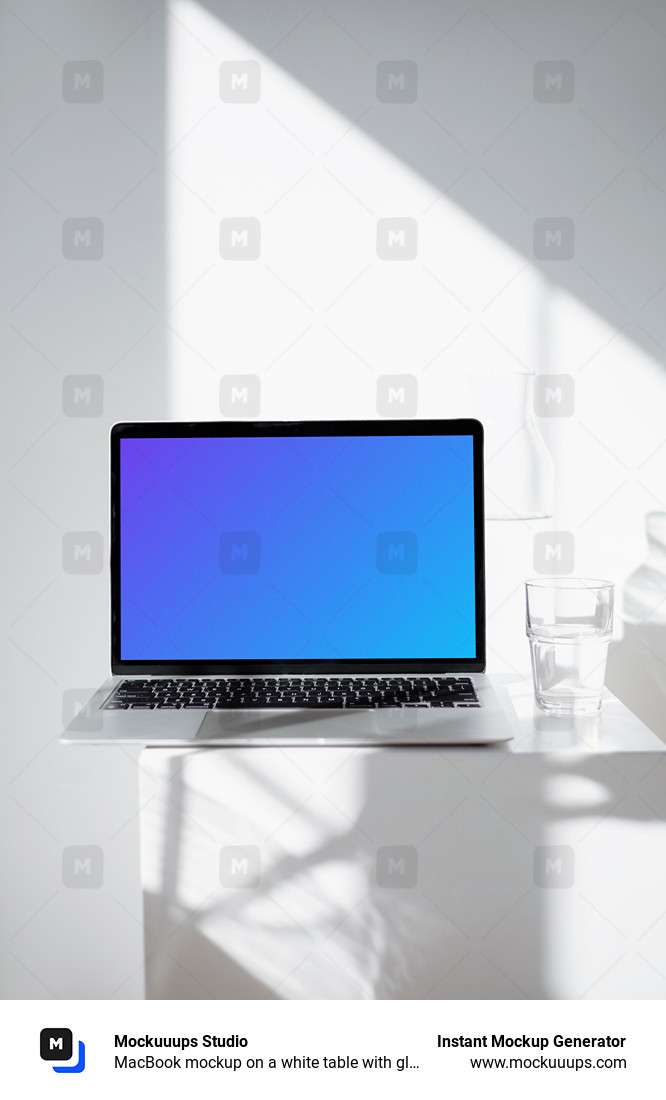 MacBook mockup on a white table with glass of water at the side