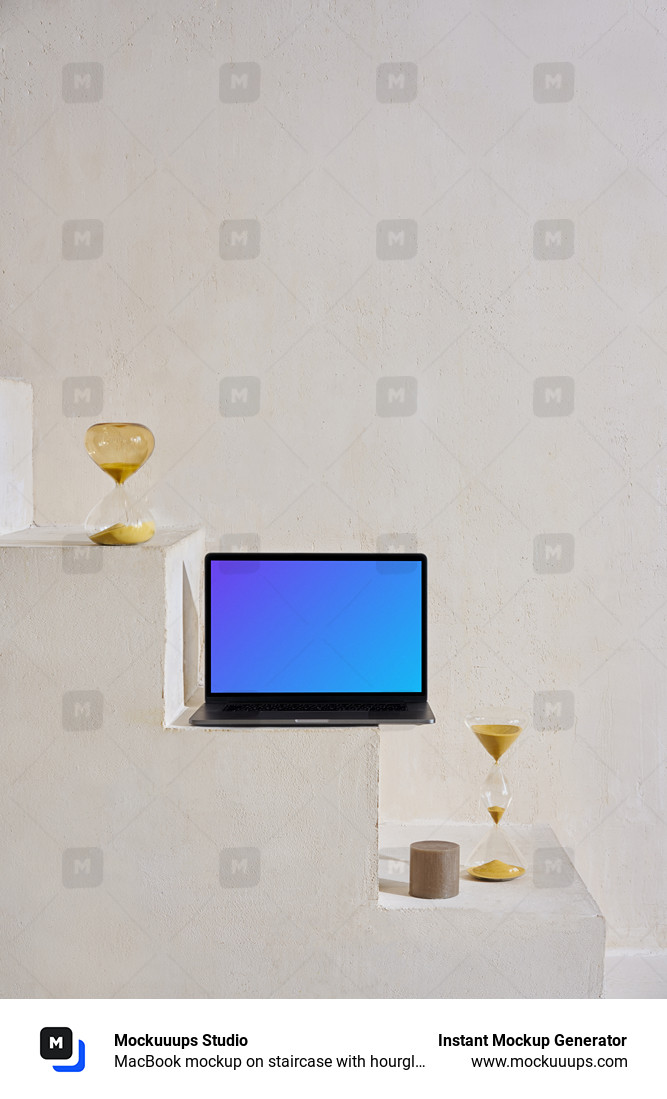 MacBook mockup on staircase with hourglass at the side