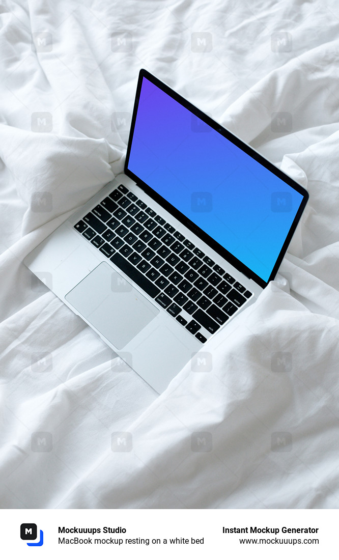 MacBook mockup resting on a white bed