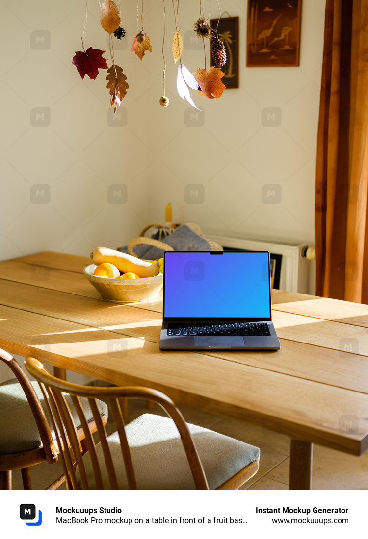 MacBook Pro mockup on a table in front of a fruit basket 