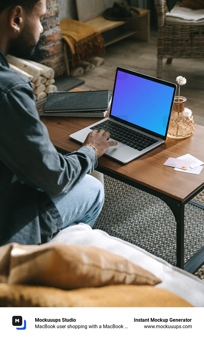 MacBook user shopping with a MacBook on the table and a debit card beside it mockup.