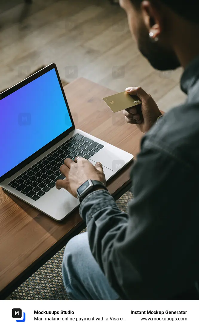 Man making online payment with a Visa card on his MacBook computer mockup.