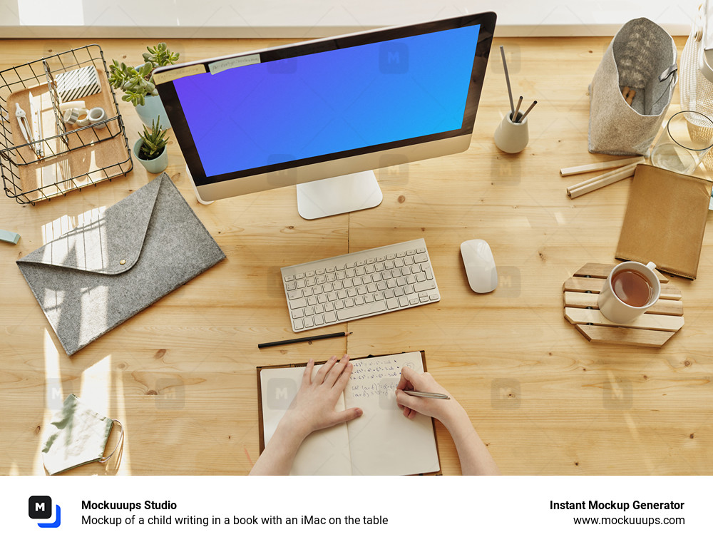 Mockup of a child writing in a book with an iMac on the table