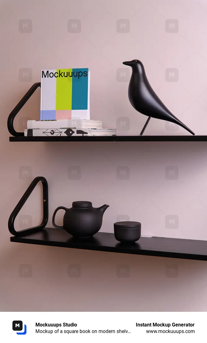 Mockup of a square book on modern shelves with ceramic decor