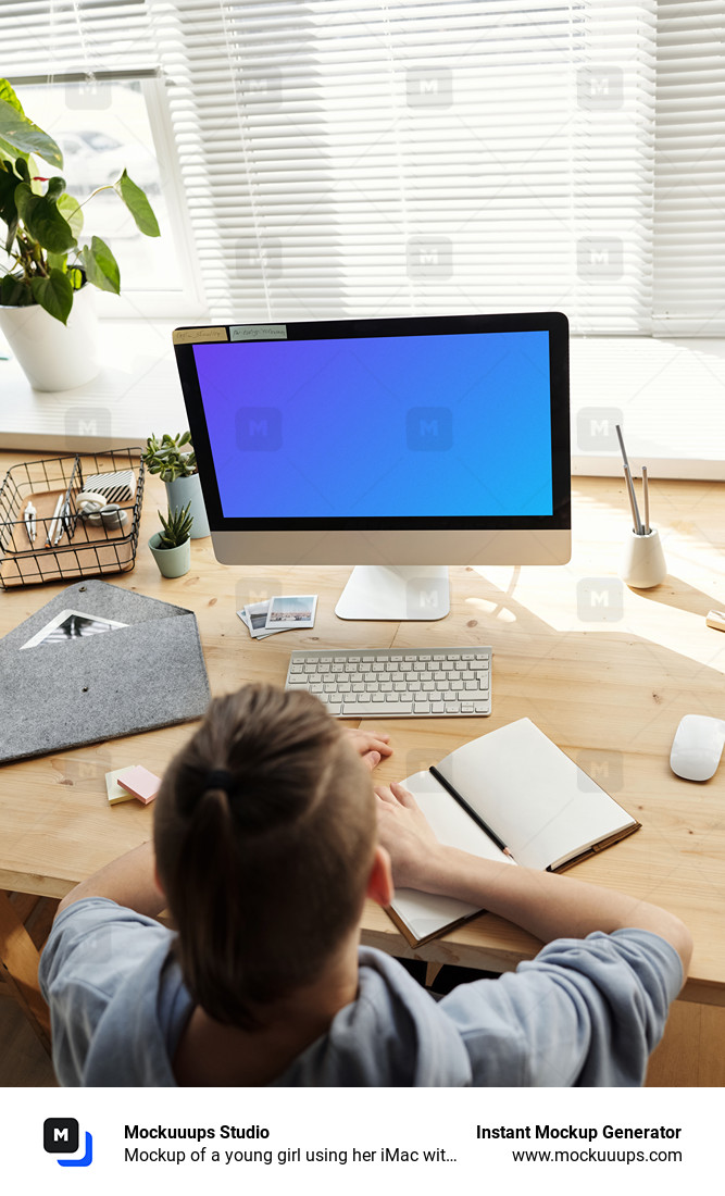 Mockup of a young girl using her iMac with a note by the side