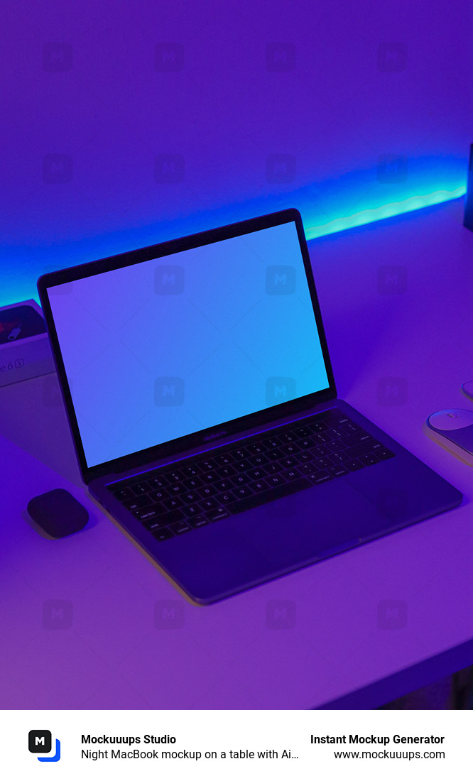Night MacBook mockup on a table with Airpod case