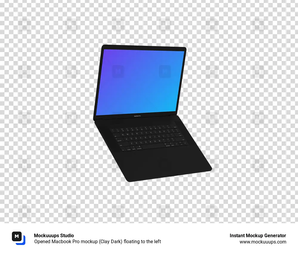 Opened Macbook Pro mockup (Clay Dark) floating to the left