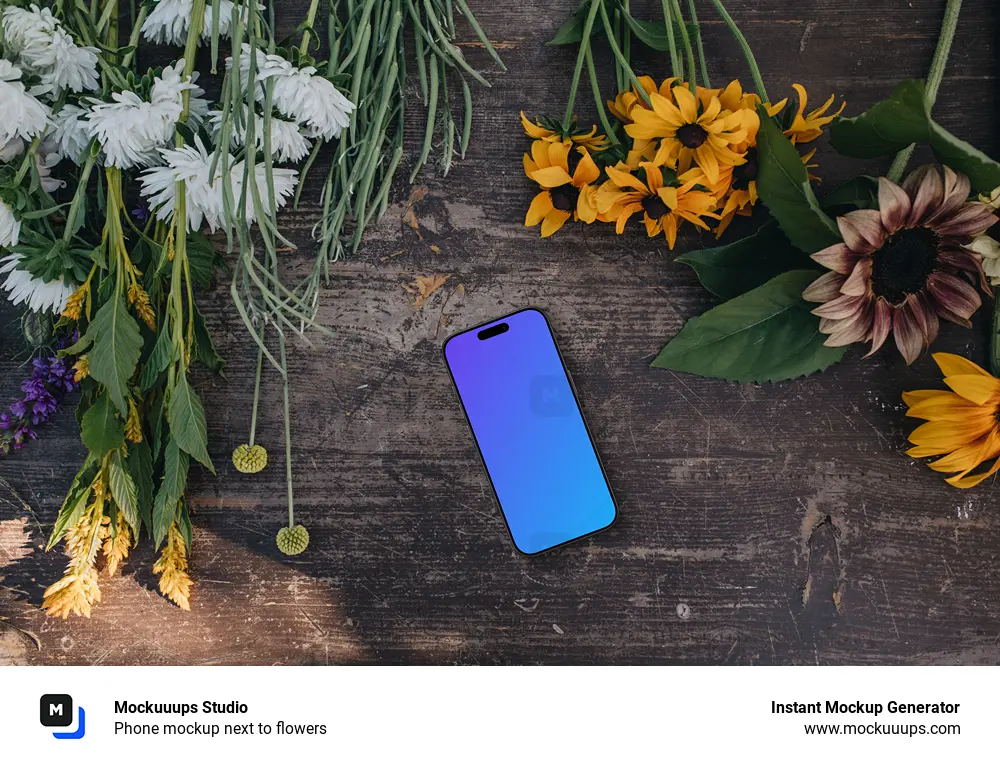 Phone mockup next to flowers