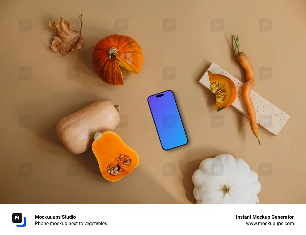 Phone mockup next to vegetables