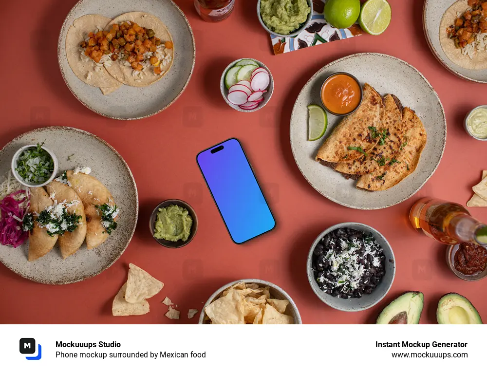 Phone mockup surrounded by Mexican food