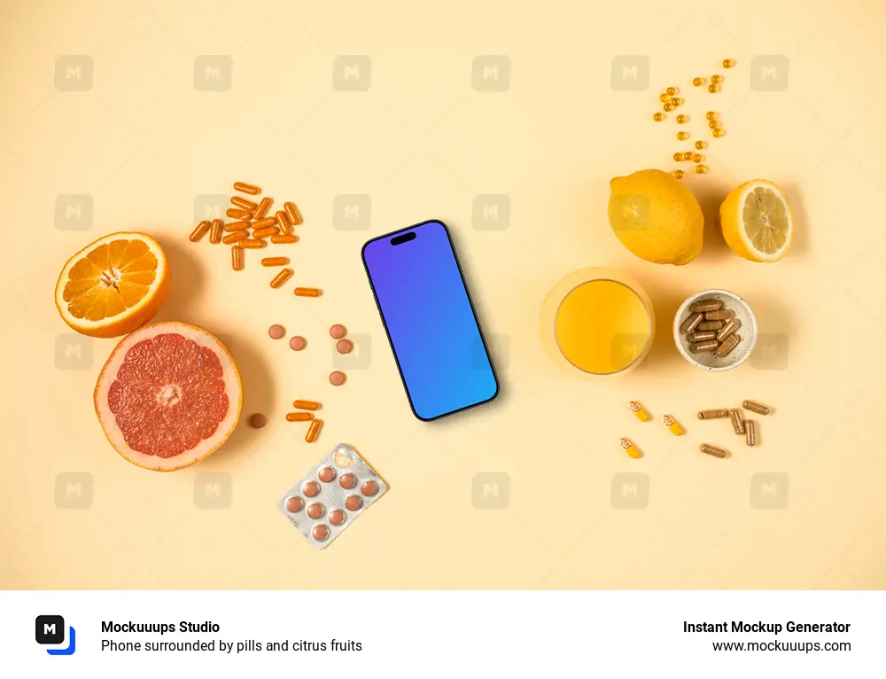 Phone surrounded by pills and citrus fruits