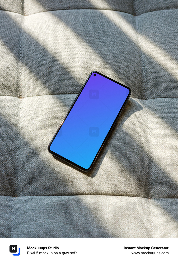 Pixel 5 mockup on a grey sofa