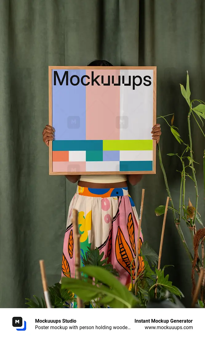 Poster mockup with person holding wooden frame in colorful setting