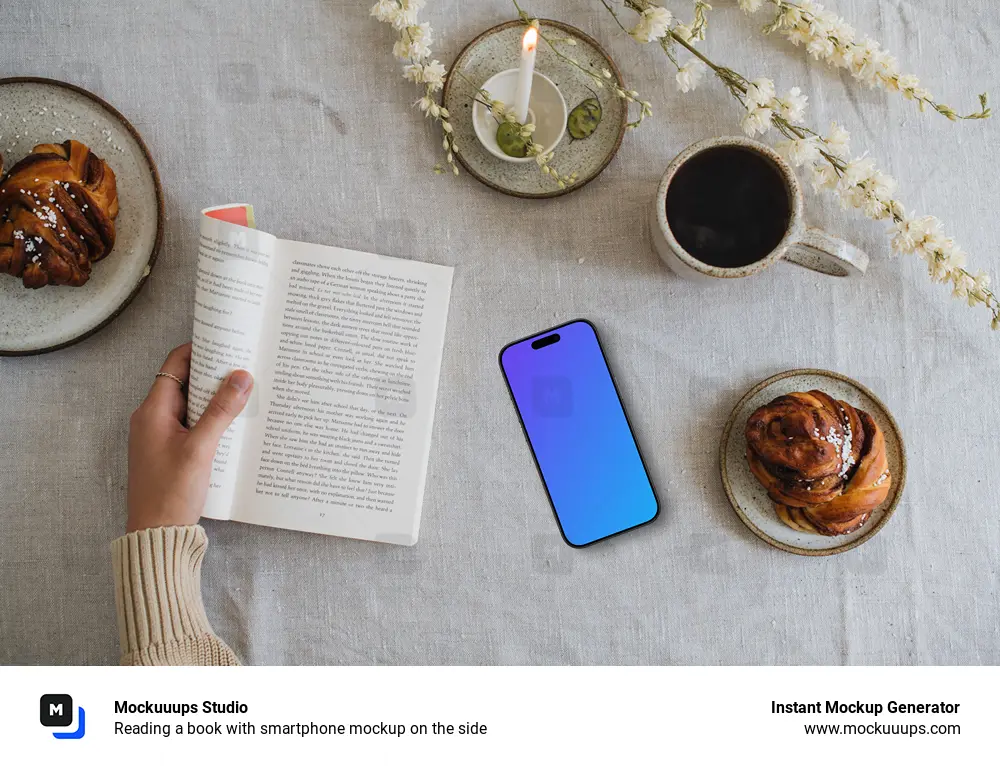 Reading a book with smartphone mockup on the side