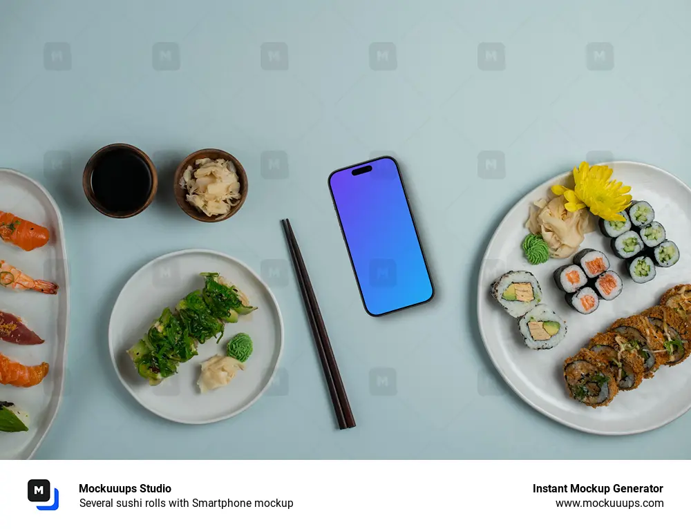 Several sushi rolls with Smartphone mockup