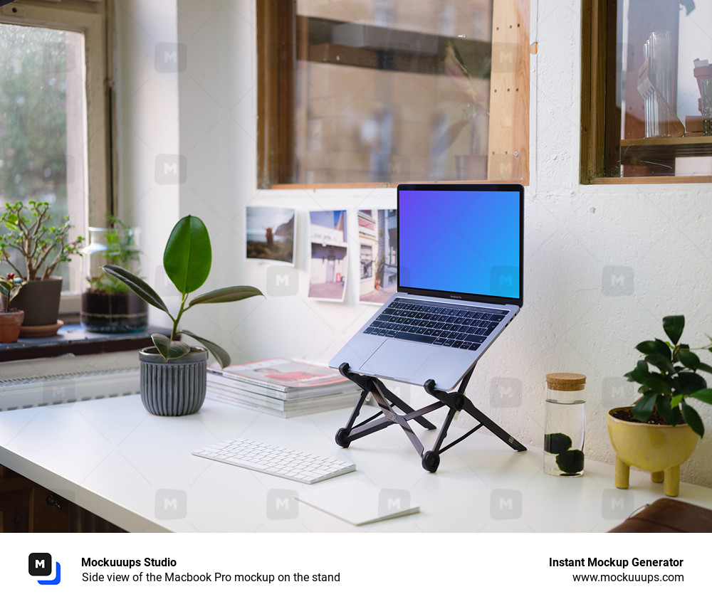 Side view of the Macbook Pro mockup on the stand