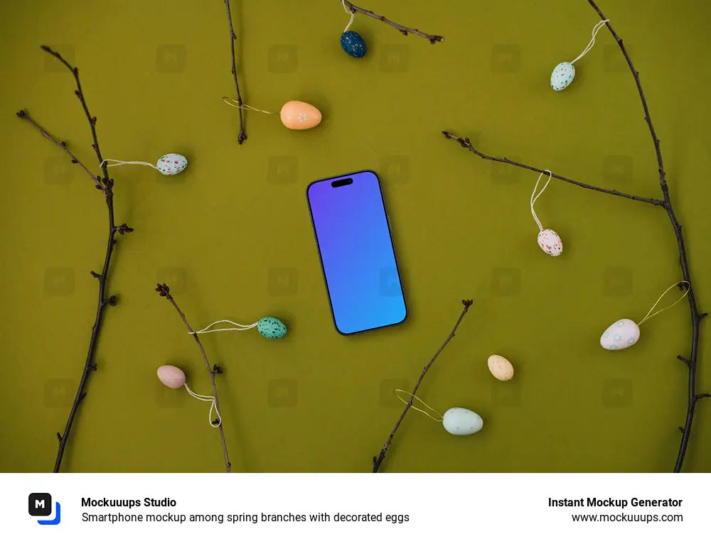 Smartphone mockup among spring branches with decorated eggs