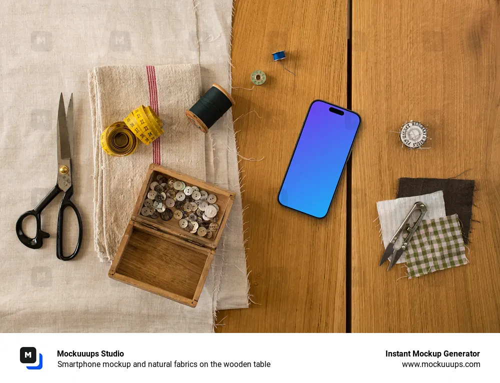 Smartphone mockup and natural fabrics on the wooden table