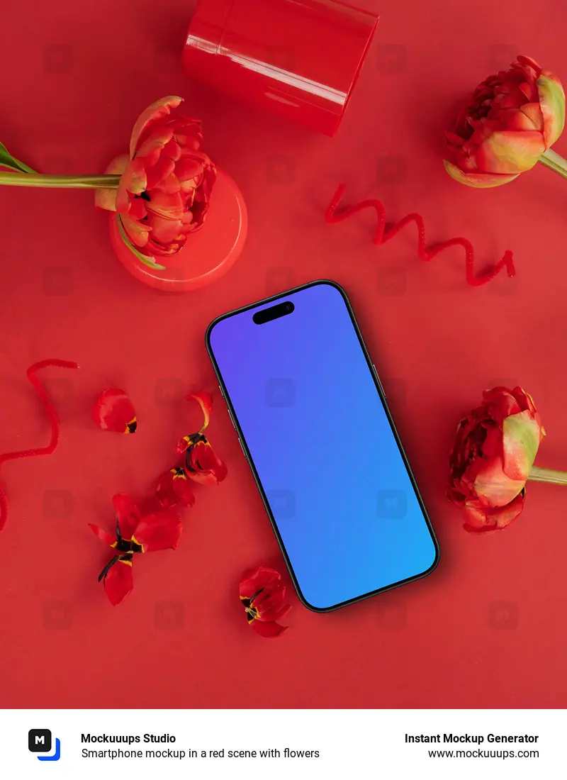 Smartphone mockup in a red scene with flowers