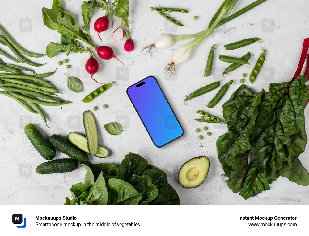 Smartphone mockup in the middle of vegetables