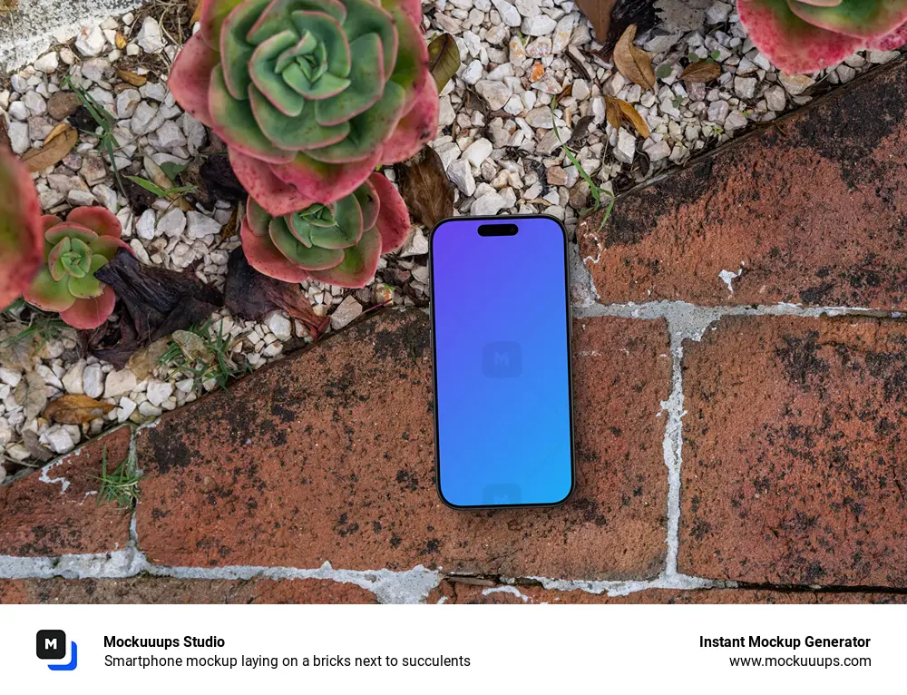 Smartphone mockup laying on a bricks next to succulents