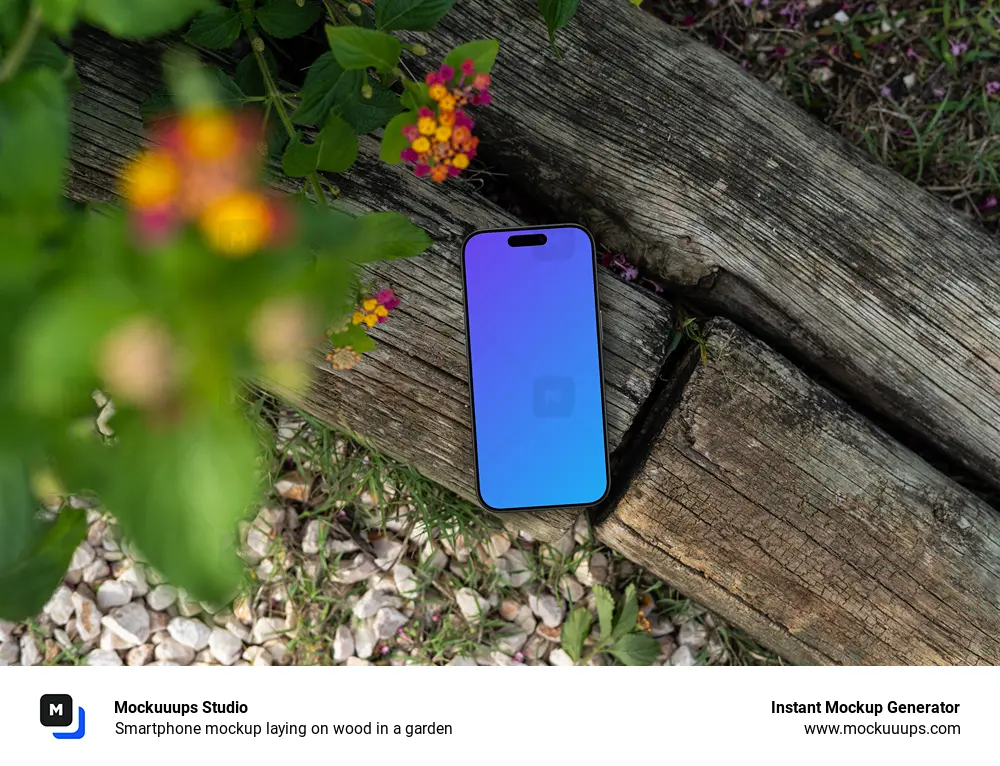 Smartphone mockup laying on wood in a garden