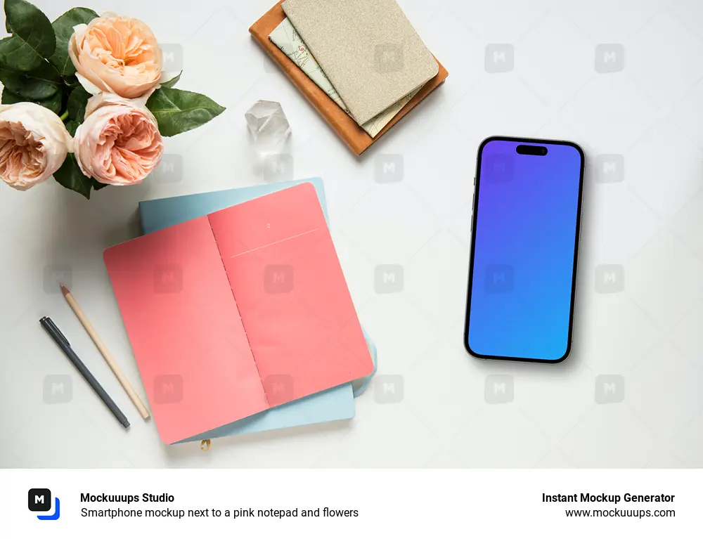 Smartphone mockup next to a pink notepad and flowers