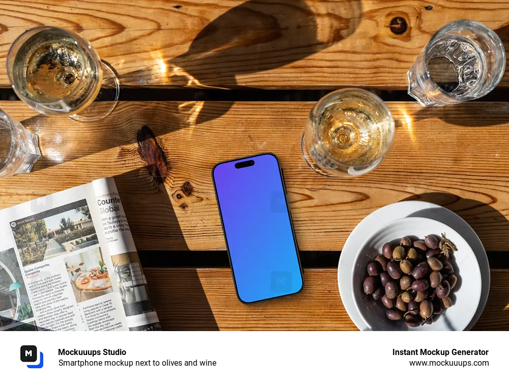 Smartphone mockup next to olives and wine