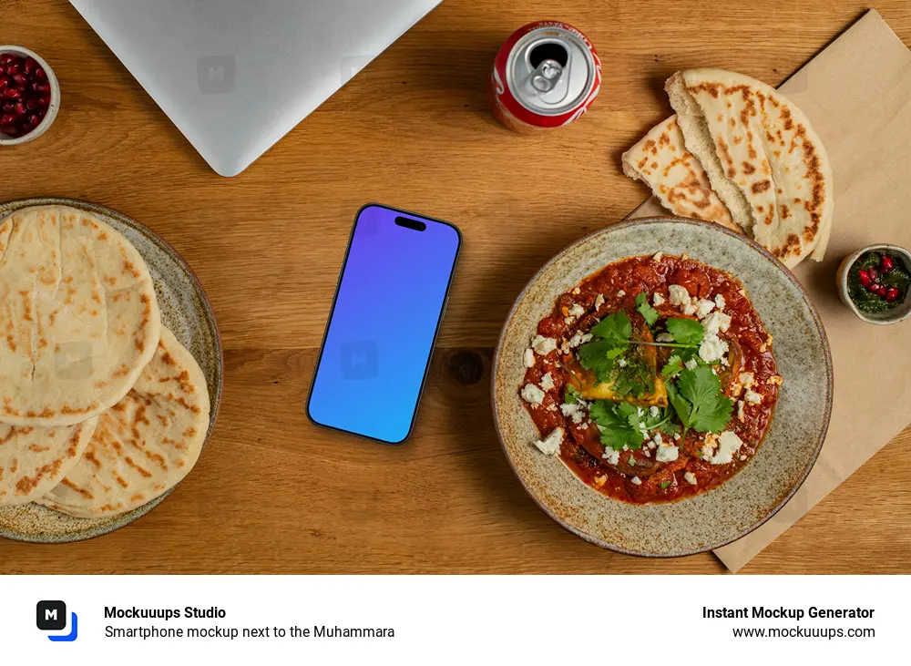 Smartphone mockup next to the Muhammara