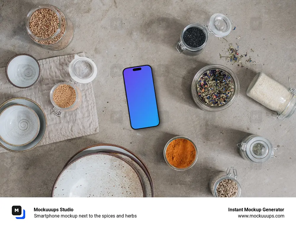 Smartphone mockup next to the spices and herbs