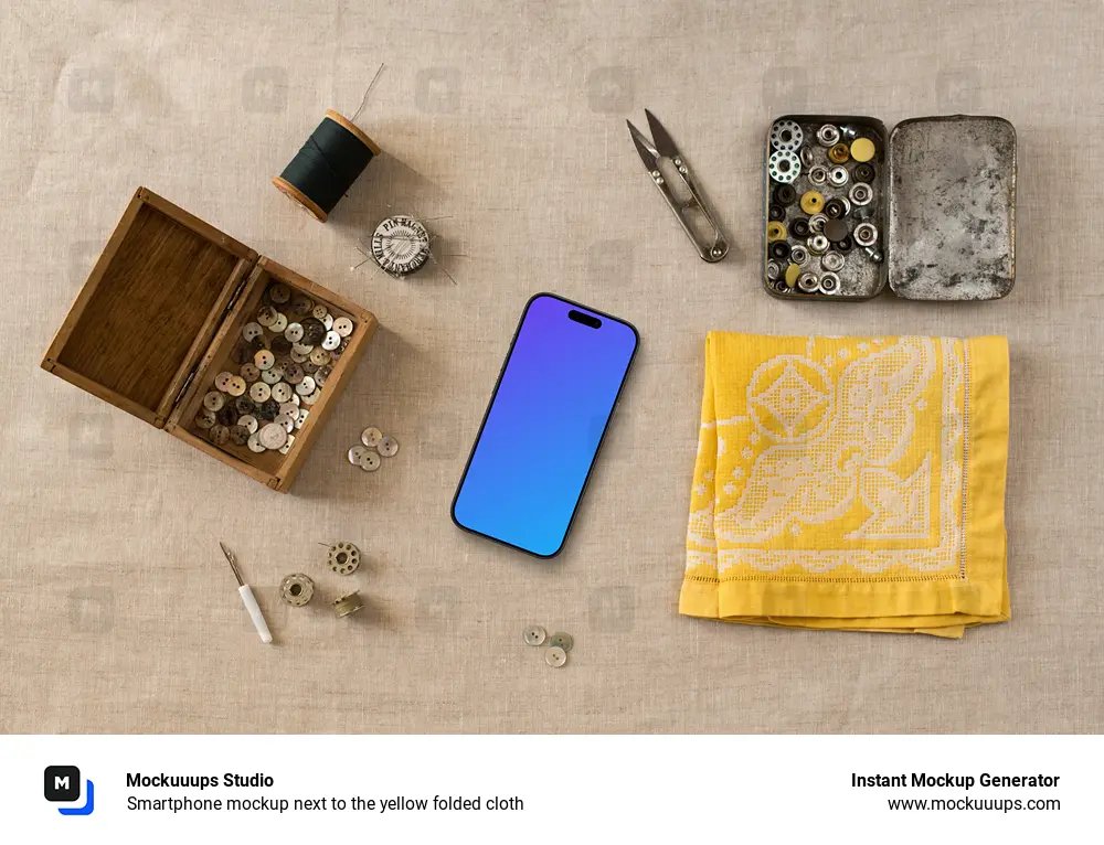 Smartphone mockup next to the yellow folded cloth