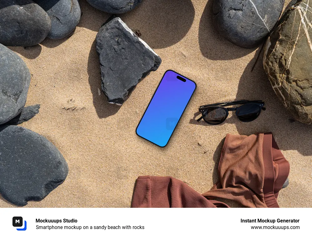 Smartphone mockup on a sandy beach with rocks