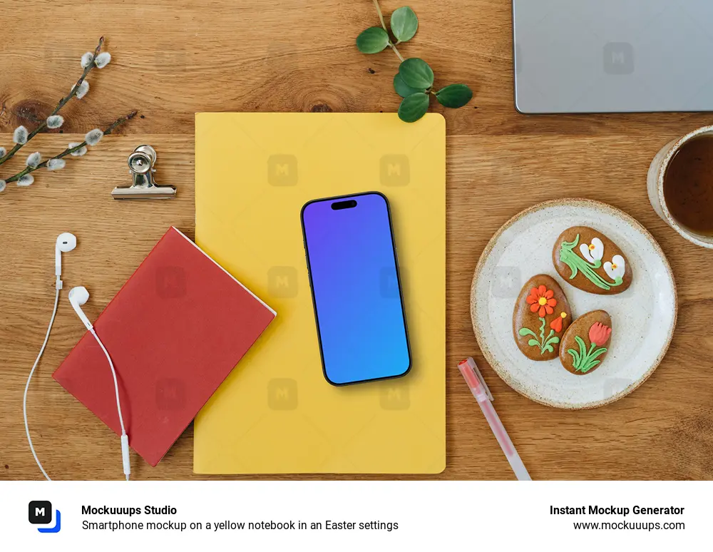 Smartphone mockup on a yellow notebook in an Easter settings