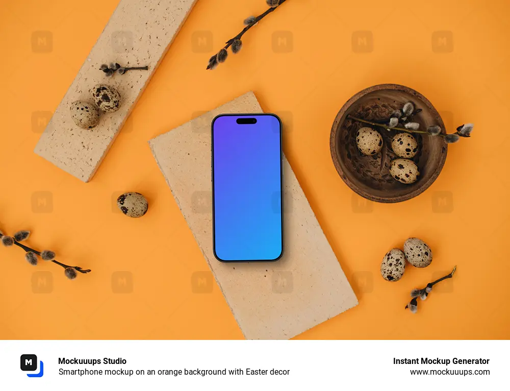 Smartphone mockup on an orange background with Easter decor