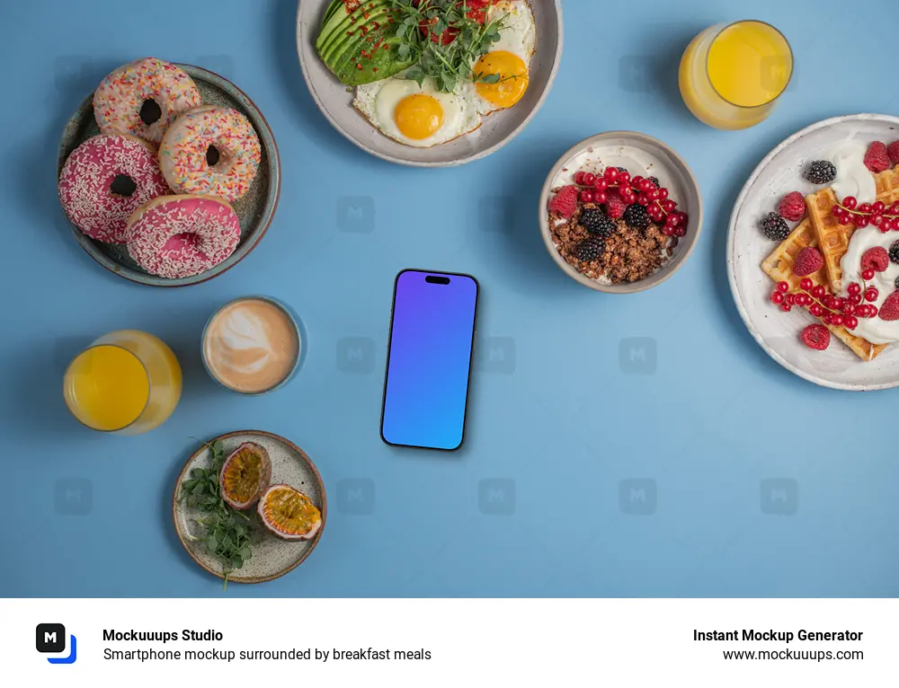 Smartphone mockup surrounded by breakfast meals