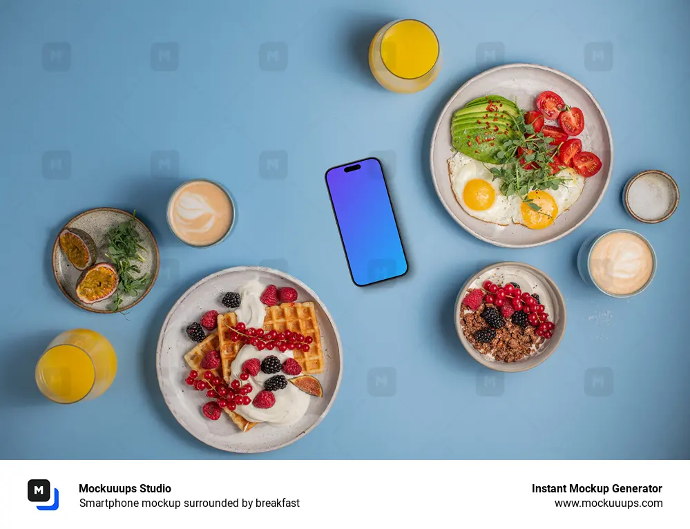 Smartphone mockup surrounded by breakfast