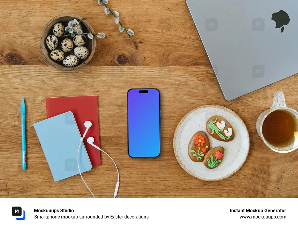 Smartphone mockup surrounded by Easter decorations