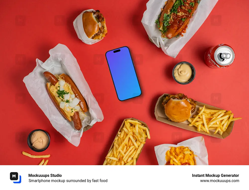 Smartphone mockup surrounded by fast food