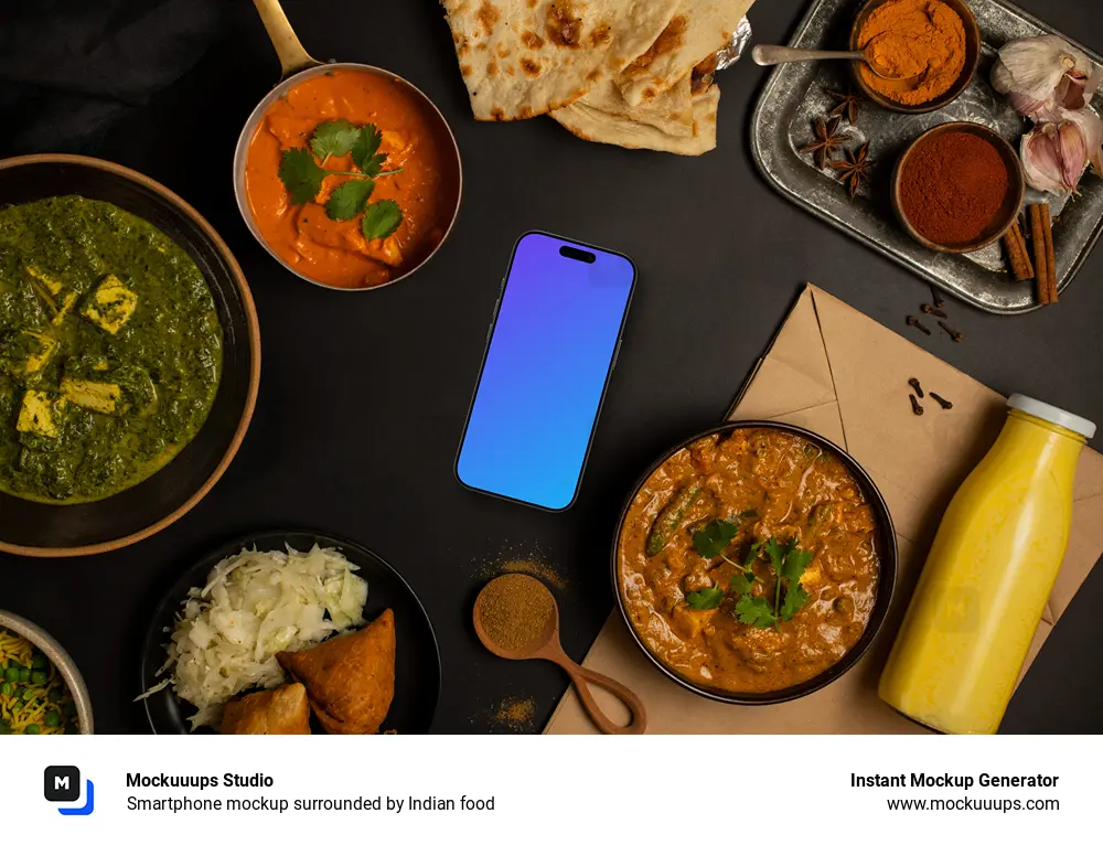 Smartphone mockup surrounded by Indian food