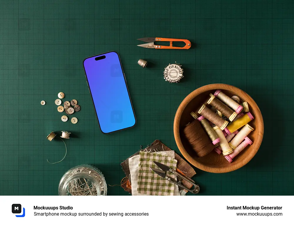 Smartphone mockup surrounded by sewing accessories