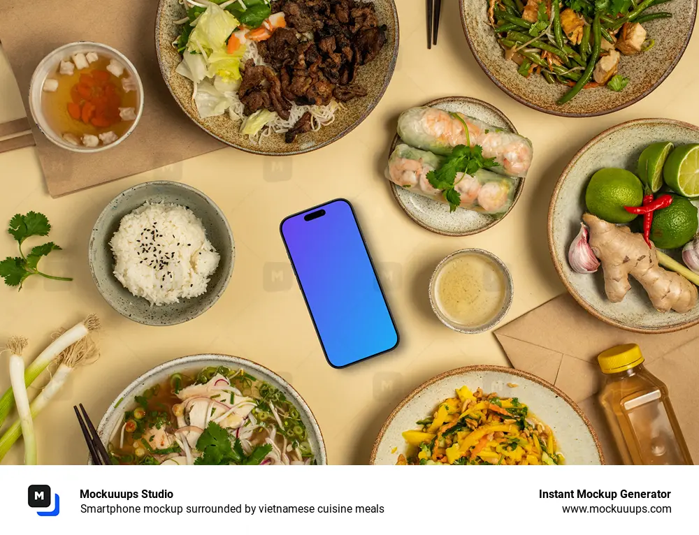 Smartphone mockup surrounded by vietnamese cuisine meals