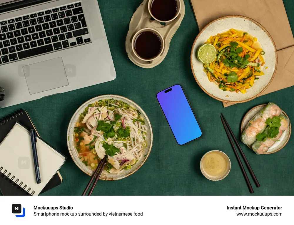 Smartphone mockup surrounded by vietnamese food