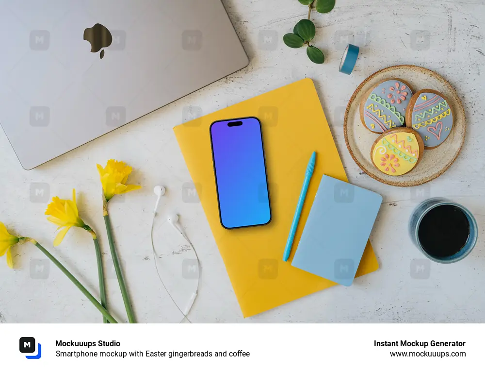 Smartphone mockup with Easter gingerbreads and coffee