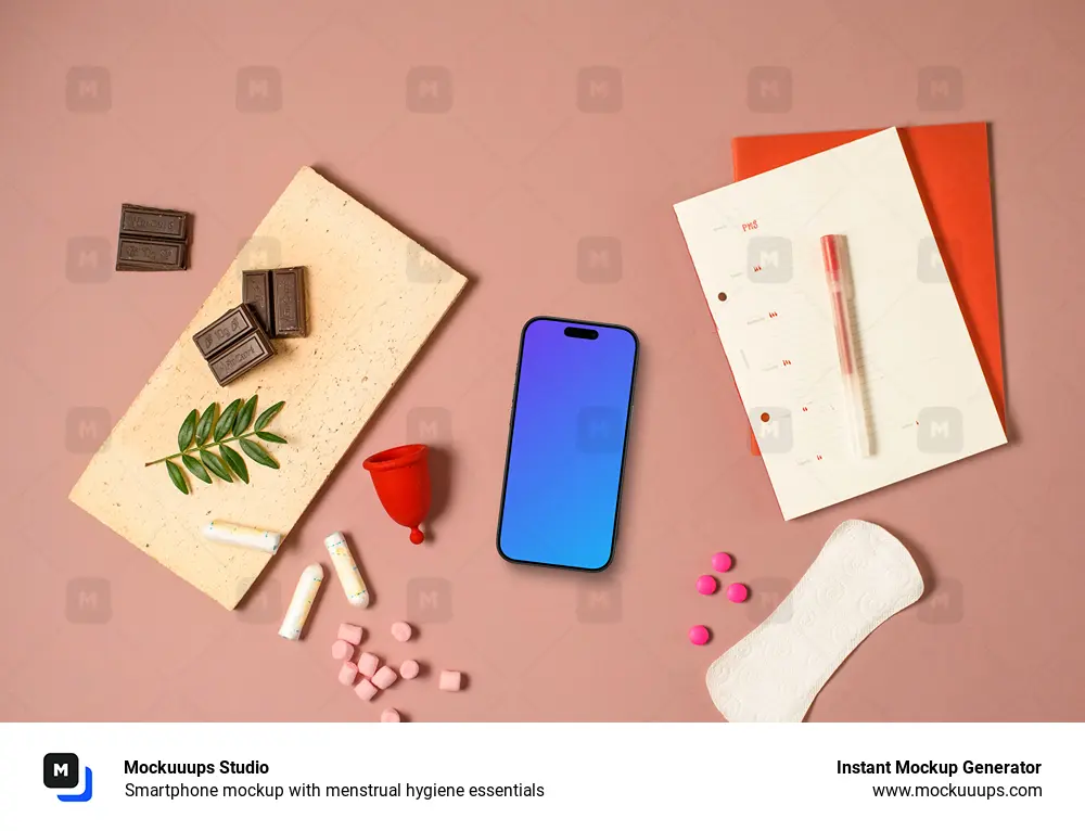 Smartphone mockup with menstrual hygiene essentials