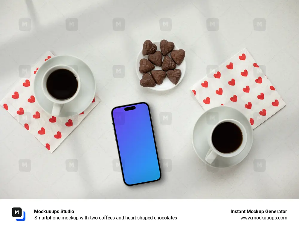 Smartphone mockup with two coffees and heart-shaped chocolates