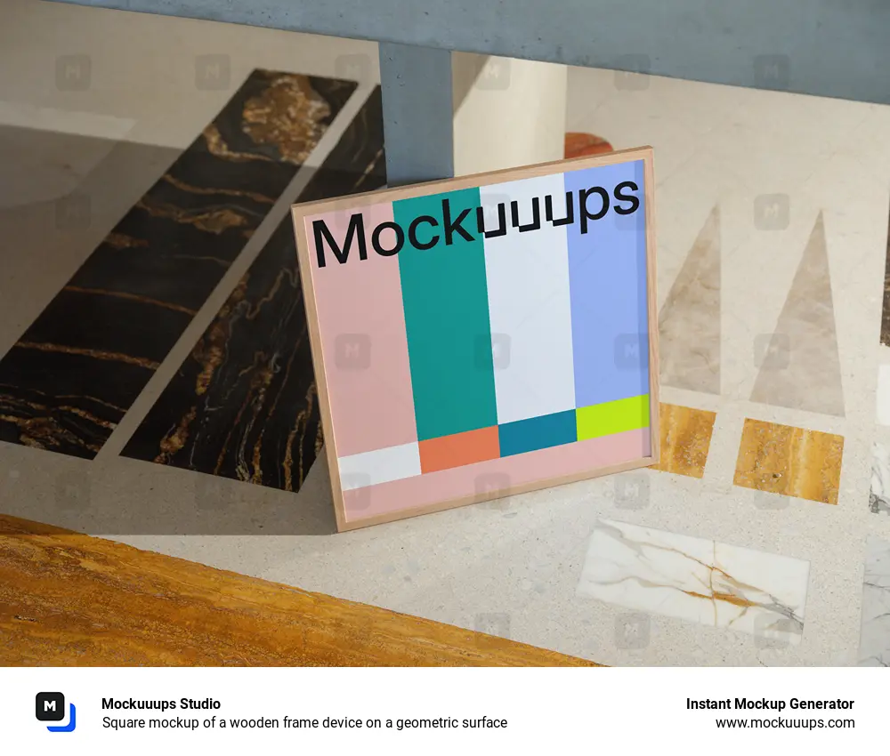 Square mockup of a wooden frame device on a geometric surface
