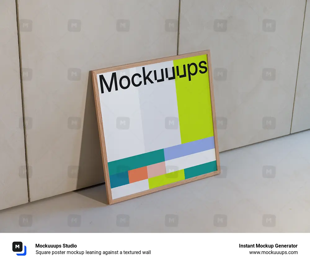 Square poster mockup leaning against a textured wall